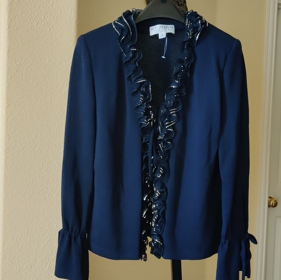 St. John Evening Navy Blue Embellished Ruffled Long Sleeve Knit Cardigan Sz 6 - Picture 1 of 11